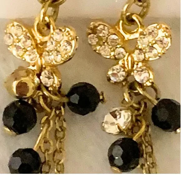 Gold Tone Dangle Earrings with Black Beads and Rhinestone Butterfly - Picture 2 of 4